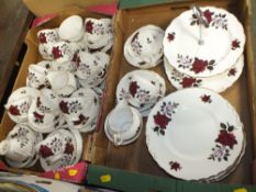 TWO TRAYS OF COLCLOUGH ROSE PATTERN CHINA TO INCLUDE TRIOS, CAKE STAND ETC.