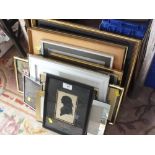 A COLLECTION OF ASSORTED PICTURES AND FRAMES TO INCLUDE WOOLWORKS, SMALL SILHOUETTE ETC.