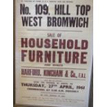 A VINTAGE GILT FRAMED AND GLAZED AUCTION ADVERTISING POSTER - NO.109 HILL TOP WEST BROMWICH SALE