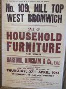 A VINTAGE GILT FRAMED AND GLAZED AUCTION ADVERTISING POSTER - NO.109 HILL TOP WEST BROMWICH SALE