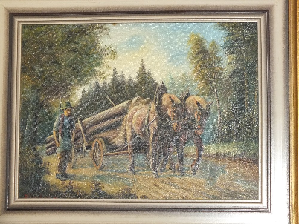 A PAIR OF GILT FRAMED OIL ON CANVASES OF A HORSE DRAWN WOOD CARTING SCENE AND A WATER MILL, H 30