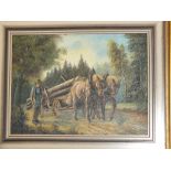 A PAIR OF GILT FRAMED OIL ON CANVASES OF A HORSE DRAWN WOOD CARTING SCENE AND A WATER MILL, H 30