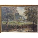 AN ANTIQUE GILT FRAMED OIL ON CANVAS LAID ON BOARD OF A COUNTRY SCENE OF A HOUSE NEAR A RIVER, H