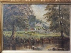 AN ANTIQUE GILT FRAMED OIL ON CANVAS LAID ON BOARD OF A COUNTRY SCENE OF A HOUSE NEAR A RIVER, H