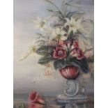 A LARGE GILT FRAMED STILL LIFE FLORAL OIL ON CANVAS MONOGRAMMED 'CJ' LOWER RIGHT 75 X 49.5 CM