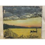 AN UNFRAMED OIL ON CANVAS OF A FISHERMAN ON A LAKE AT DAWN SIGNED R ELLIOTT 21/7/67