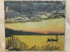 AN UNFRAMED OIL ON CANVAS OF A FISHERMAN ON A LAKE AT DAWN SIGNED R ELLIOTT 21/7/67