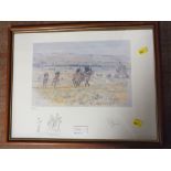 A FRAMED AND GLAZED SIGNED LIMITED EDITION PRINT ENTITLED 'JACKDAWS CASTLE GALLOPS' BY RAFNA