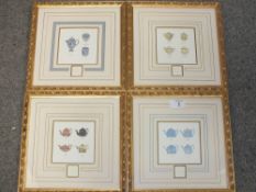 A SET OF FOUR GILT FRAMED AND GLAZED WEDGWOOD JASPERWARE ARCHIVE PRINTS OF TEAPOT DESIGNS SIZE