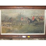 AN OAK FRAMED OIL ON BOARD DEPICTING A HUNTING SCENE 30 X 55 CM