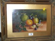 A PAIR OF GILT FRAMED AND GLAZED OIL ON BOARD STILL LIFE STUDIES OF FRUIT SIZE - 29CM X 19CM