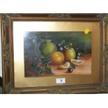 A PAIR OF GILT FRAMED AND GLAZED OIL ON BOARD STILL LIFE STUDIES OF FRUIT SIZE - 29CM X 19CM