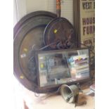 TWO LARGE BRASS CHARGERS, A COPPER WARMING PAN, AN ANCHOR MOUNTED WALL BELL ETC.