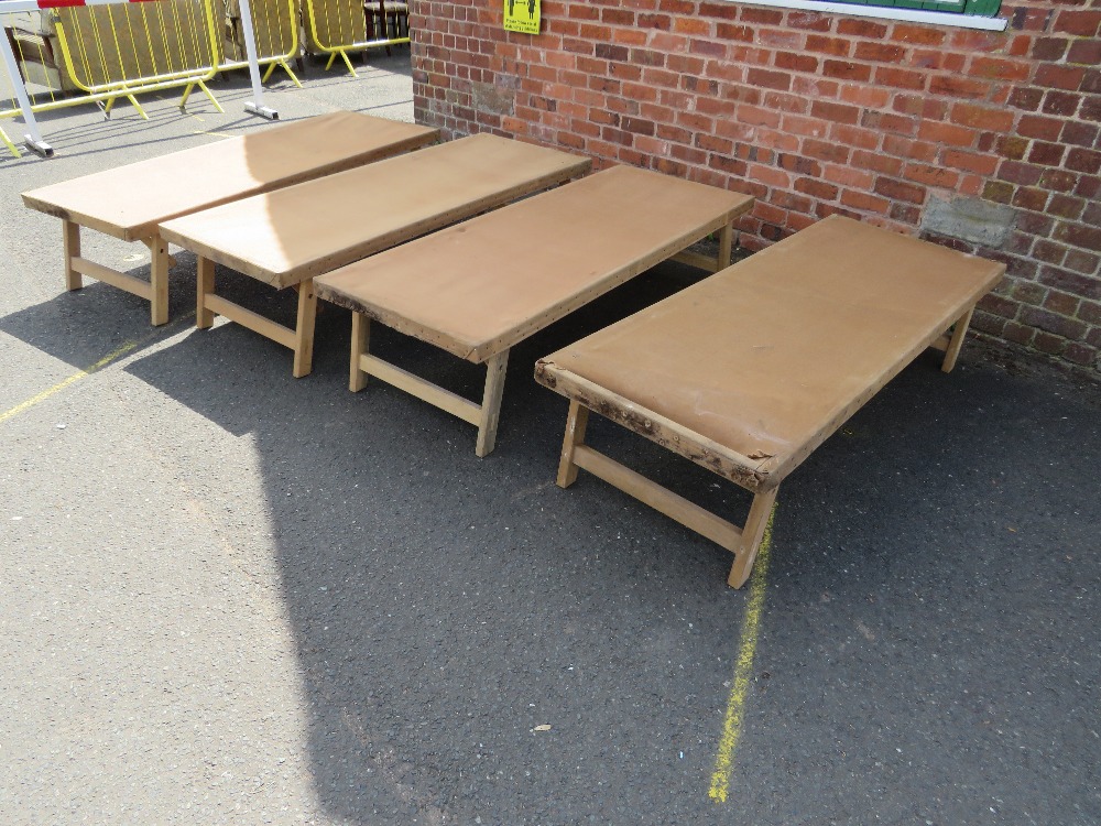 FOUR VINTAGE OAK FRAMED FOLD DOWN MILITARY BEDS,CANVAS TOPPED A/F