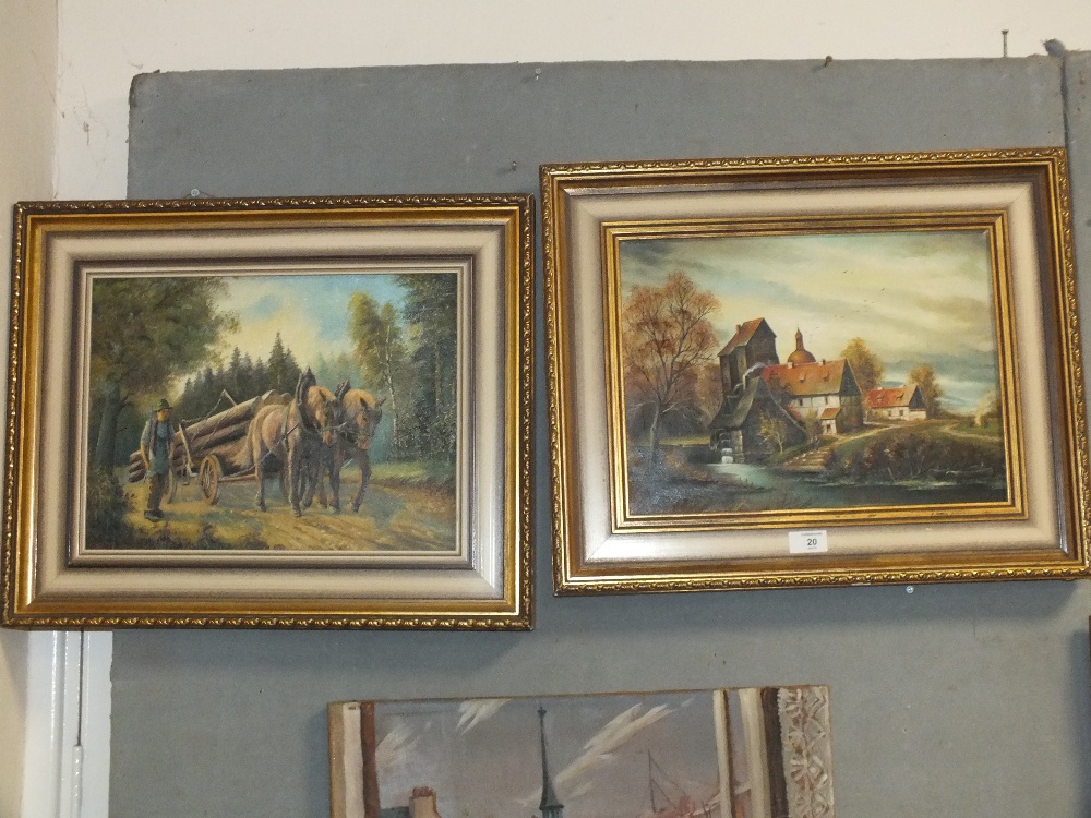 A PAIR OF GILT FRAMED OIL ON CANVASES OF A HORSE DRAWN WOOD CARTING SCENE AND A WATER MILL, H 30 - Image 2 of 3