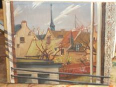 AN UNFRAMED 20TH CENTURY OIL ON CANVAS DEPICTING AN IMPRESSIONIST CONTINENTAL TOWN SCENE 40 X 50