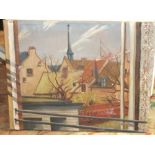 AN UNFRAMED 20TH CENTURY OIL ON CANVAS DEPICTING AN IMPRESSIONIST CONTINENTAL TOWN SCENE 40 X 50