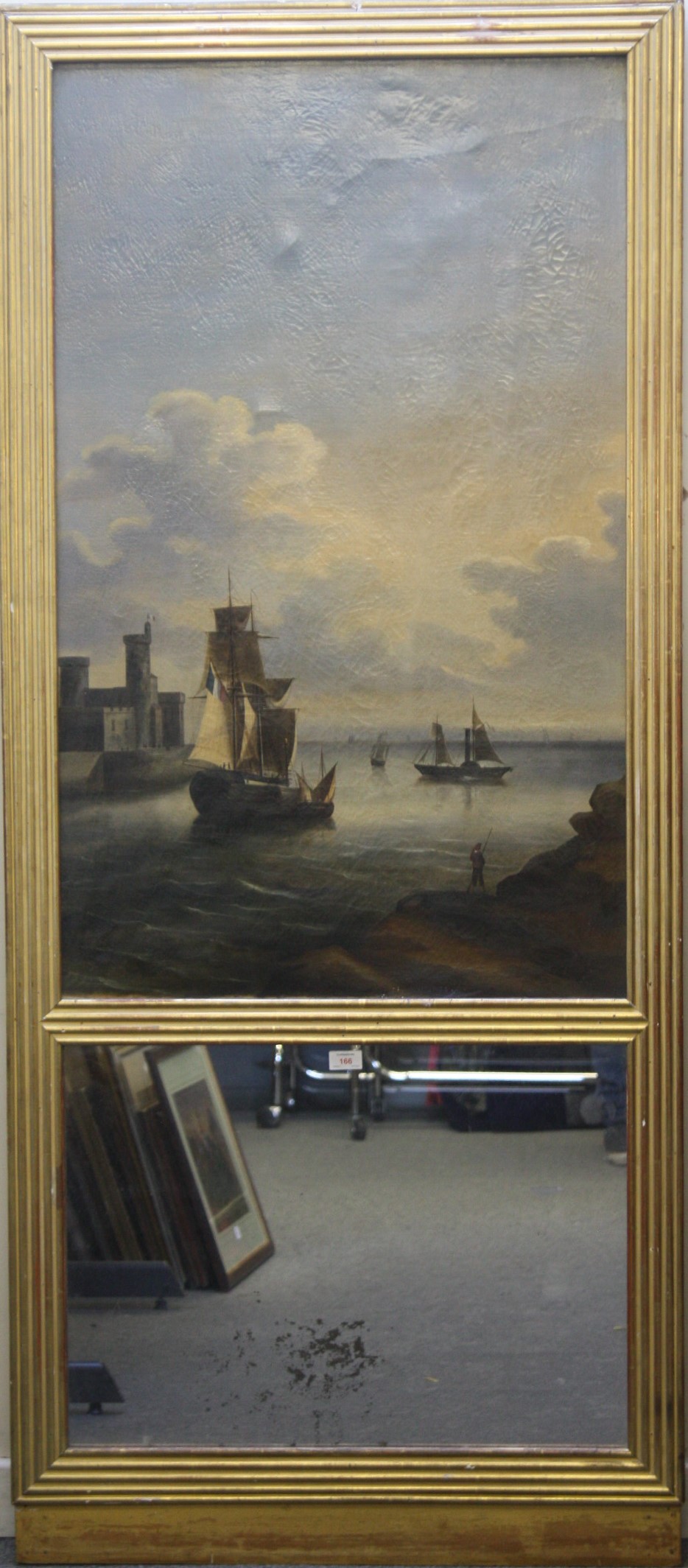 (XIX). A French estuary harbour scene with mirror panel below, unsigned, gilt frame, image