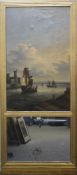 (XIX). A French estuary harbour scene with mirror panel below, unsigned, gilt frame, image