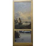 (XIX). A French estuary harbour scene with mirror panel below, unsigned, gilt frame, image