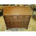 A LARGE 19TH CENTURY MAHOGANY COUNTRYMADE BUREAU WITH AN INLAID INTERIOR - H 110 CM, W 107 CM