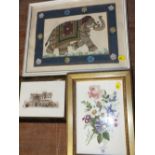 A SMALL ANTIQUE FLORAL PAINTING ON MILK GLASS TOGETHER WITH ANOTHER AND AN INDIAN PAINTING ON