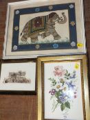 A SMALL ANTIQUE FLORAL PAINTING ON MILK GLASS TOGETHER WITH ANOTHER AND AN INDIAN PAINTING ON