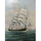 A GILT FRAMED OIL ON BOARD OF SAILING VESSELS AT LEITH BY J. CUNNINGHAM SIZE - 46CM X 30CM