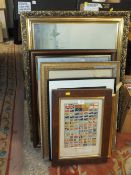A QUANTITY OF PICTURES AND PRINTS TO INCLUDE A VINTAGE OAK FRAMED FLAG PRINT, ANDRE JEWELL PRINT