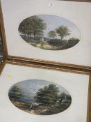 A PAIR OF GILT FRAMED AND GLAZED ANTIQUE OVAL OIL PAINTINGS OF COUNTRY SCENES SIZE - 29.5CM X 47CM