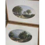 A PAIR OF GILT FRAMED AND GLAZED ANTIQUE OVAL OIL PAINTINGS OF COUNTRY SCENES SIZE - 29.5CM X 47CM