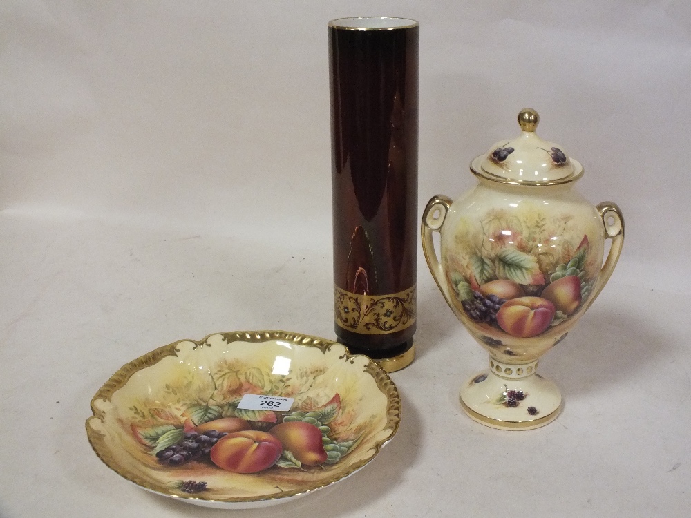 A GILDED AYNSLEY ORCHARD GOLD DISH WITH RED BACKSTAMP TOGETHER WITH A SIMILAR TWIN HANDLED URN AND A