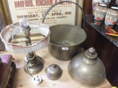 A BRASS JAM PAN AND A RECEPTION BELL TOGETHER WITH A BRASS LAMP
