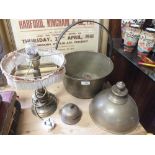 A BRASS JAM PAN AND A RECEPTION BELL TOGETHER WITH A BRASS LAMP