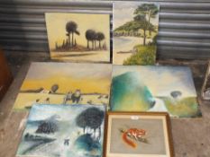 FOUR ASSORTED UNFRAMED IMPRESSIONIST OIL PAINTINGS TOGETHER WITH UNFRAMED OIL ON BOARD OF A BEACH