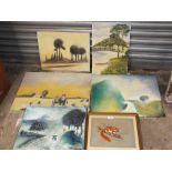 FOUR ASSORTED UNFRAMED IMPRESSIONIST OIL PAINTINGS TOGETHER WITH UNFRAMED OIL ON BOARD OF A BEACH