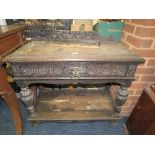A VICTORIAN CARVED OAK SIDE TABLE WITH SINGLE FRIEZE DRAWER H-78 CM W-92 CM A/F