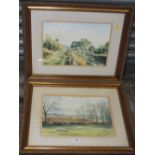 A PAIR OF GILT FRAMED WATERCOLOUR LANDSCAPES SIGNED 'MICK TURLEY' 27 X 38 CM (2)