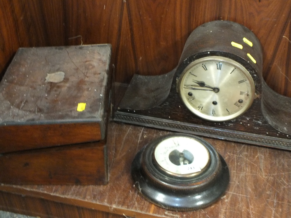 A VINTAGE WRITING SLOPE, A SHORT MASON BAROMETER AND A NAPOLEON HAT MANTEL CLOCK (3)