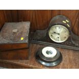 A VINTAGE WRITING SLOPE, A SHORT MASON BAROMETER AND A NAPOLEON HAT MANTEL CLOCK (3)