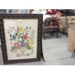 A VINTAGE NEEDLEPOINT 43 X 60 CM IN A HEAVILY CARVED OAK FRAME TOGETHER WITH AS SHAPED MIRROR (2)