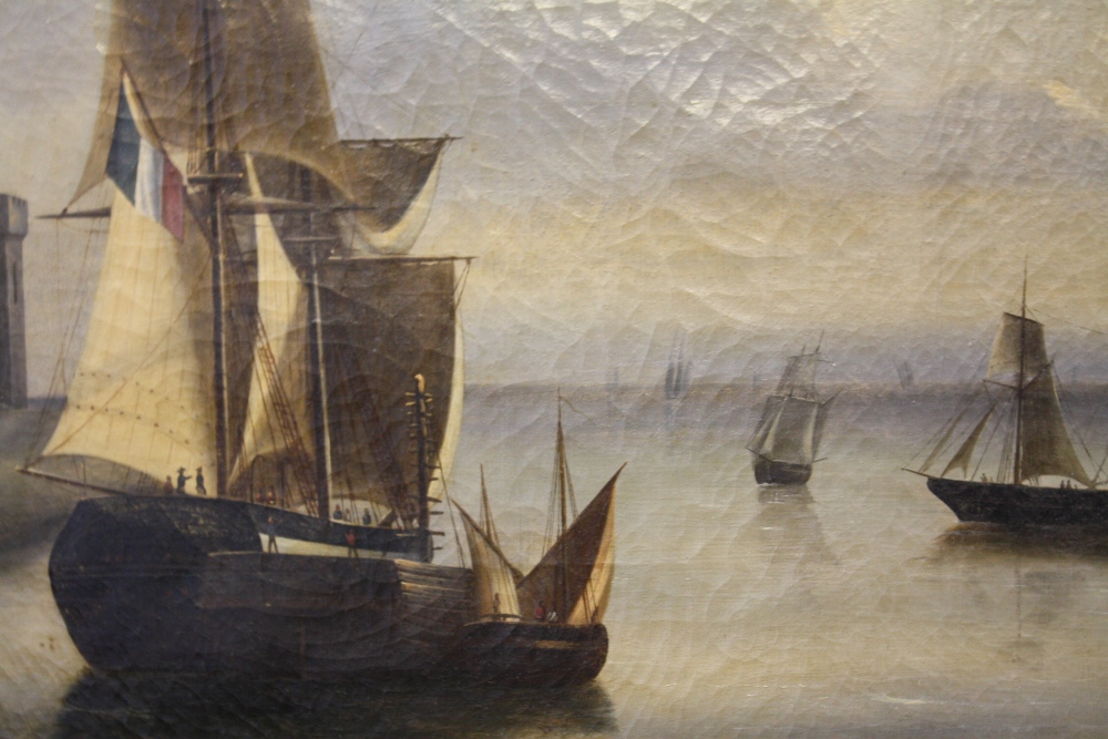 (XIX). A French estuary harbour scene with mirror panel below, unsigned, gilt frame, image - Image 4 of 5