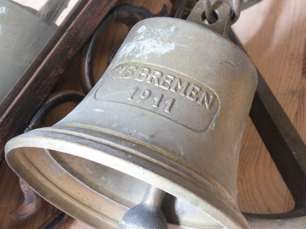 TWO LARGE BRASS CHARGERS, A COPPER WARMING PAN, AN ANCHOR MOUNTED WALL BELL ETC. - Image 2 of 2