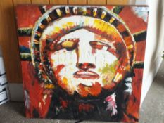 A MODERN UNFRAMED OIL ON CANVAS PORTRAIT STUDY OF THE STATUE OF LIBERTY SIZE- 70CM X 70CM