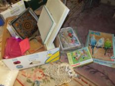 A COLLECTION OF VINTAGE LINEN AND TEXTILES ETC. TO INCLUDE A WAXWORK HAIR PIECE, VINTAGE JIGSAWS