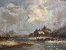 AN ANTIQUE OIL ON CANVAS LAID ON BOARD - DUTCH COASTAL SCENE WITH FIGURES AND MOORED BOATS 32 X 43