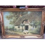 A LARGE GILT FRAMED OIL ON CANVAS DEPICTING CHICKENS BEFORE A THATCHED COTTAGE SIZE - 91.5CM X 61CM