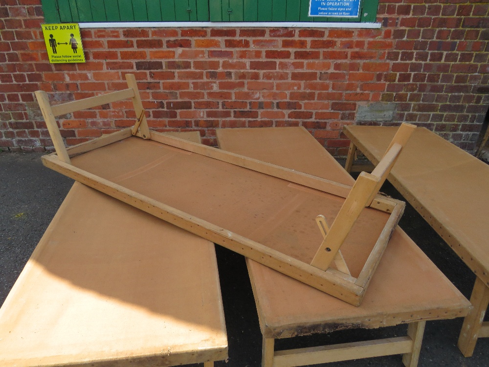 FOUR VINTAGE OAK FRAMED FOLD DOWN MILITARY BEDS,CANVAS TOPPED A/F - Image 4 of 10