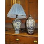 TWO LARGE MODERN BLUE & WHITE TABLE LAMPS - ONE SHADE (2)