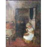 (XIX) ENGLISH SCHOOL. Cottage interior scene with young girl peeling vegetables, and a black cat,